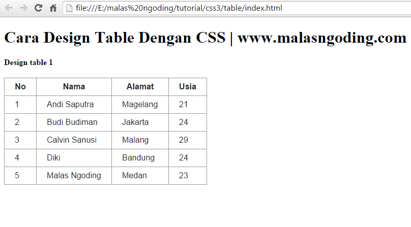 membuat design table sederhana dengan css